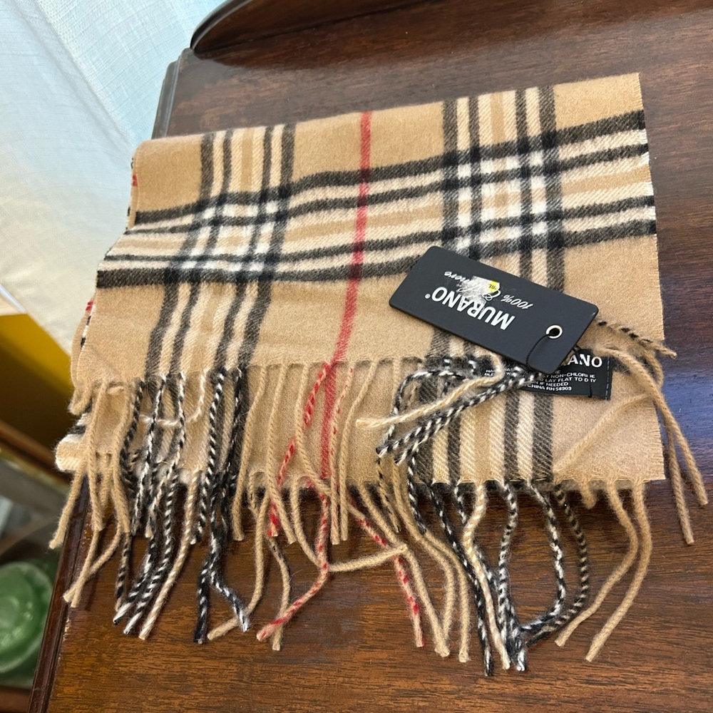 Murano Tan Black Red & White Plaid 100% Cashmere Wool Scarf NWT
